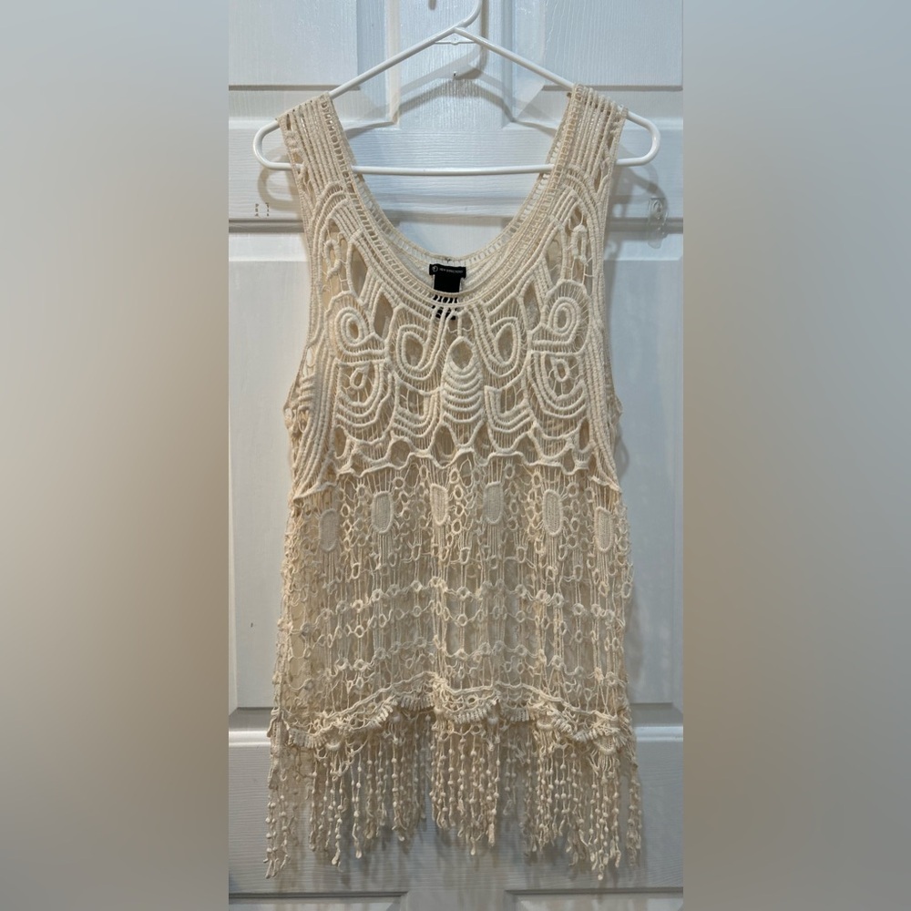 NY Collection Open Crochet Sleeveless‎ Tunic Top L Boho Fringe Lagenlook Hippie